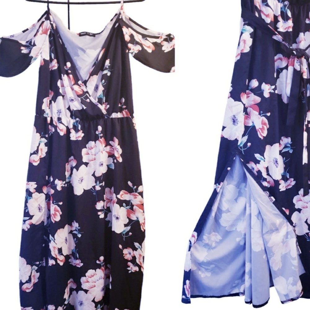 Bloom Chic Floral Cold Shoulder Dress with Split - Picture 2 of 13